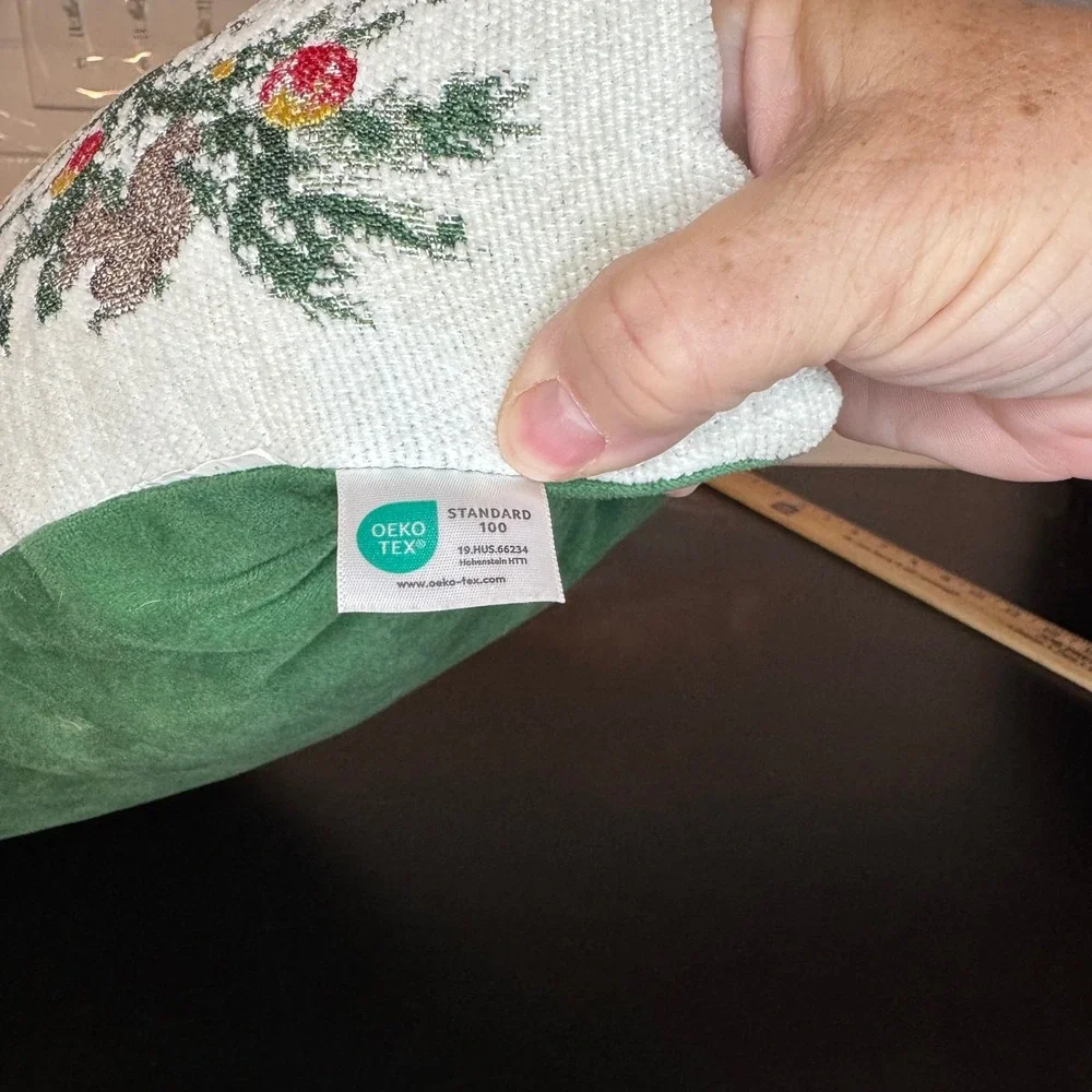 OEKO-TEX Christmas Tree Lumbar Pillow 20x12 Green Red Woven Tapestry Velvet Back
